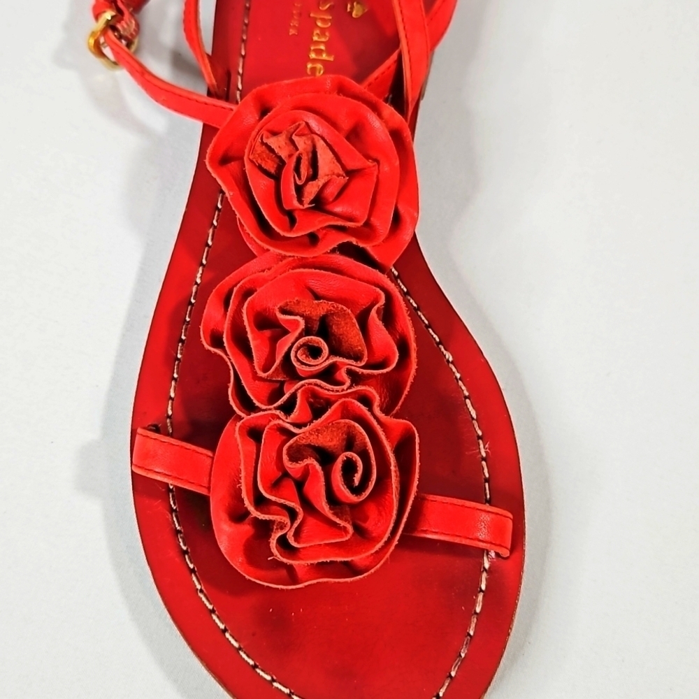 KATE SPADE New York Flowered T-Strap Red Leather Sandals Sz 7 - Picture 2 of 8